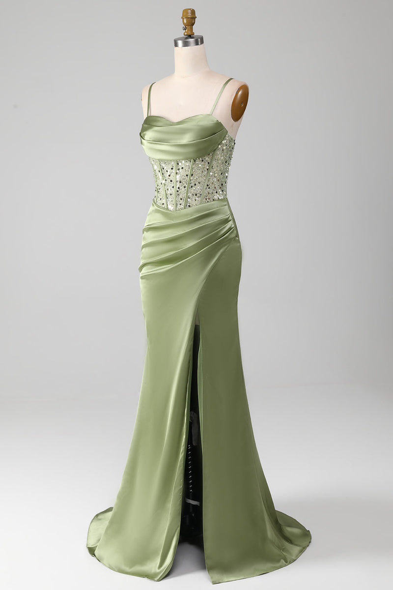 Load image into Gallery viewer, Sage Green Sweetheart Neck Spaghetti stropper Satin plissert havfrue korsett Prom kjole