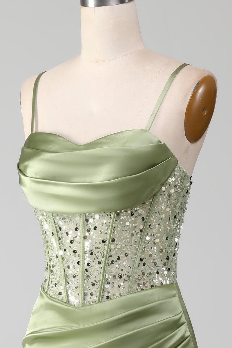 Load image into Gallery viewer, Sage Green Sweetheart Neck Spaghetti stropper Satin plissert havfrue korsett Prom kjole
