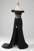 Load image into Gallery viewer, Svart av skulderen sateng korsett havfrue prom kjole med spalt