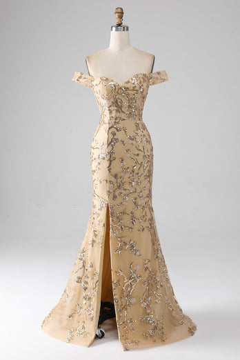 Havfrue av skulderen Golden Long Beaded Prom kjole med Slit