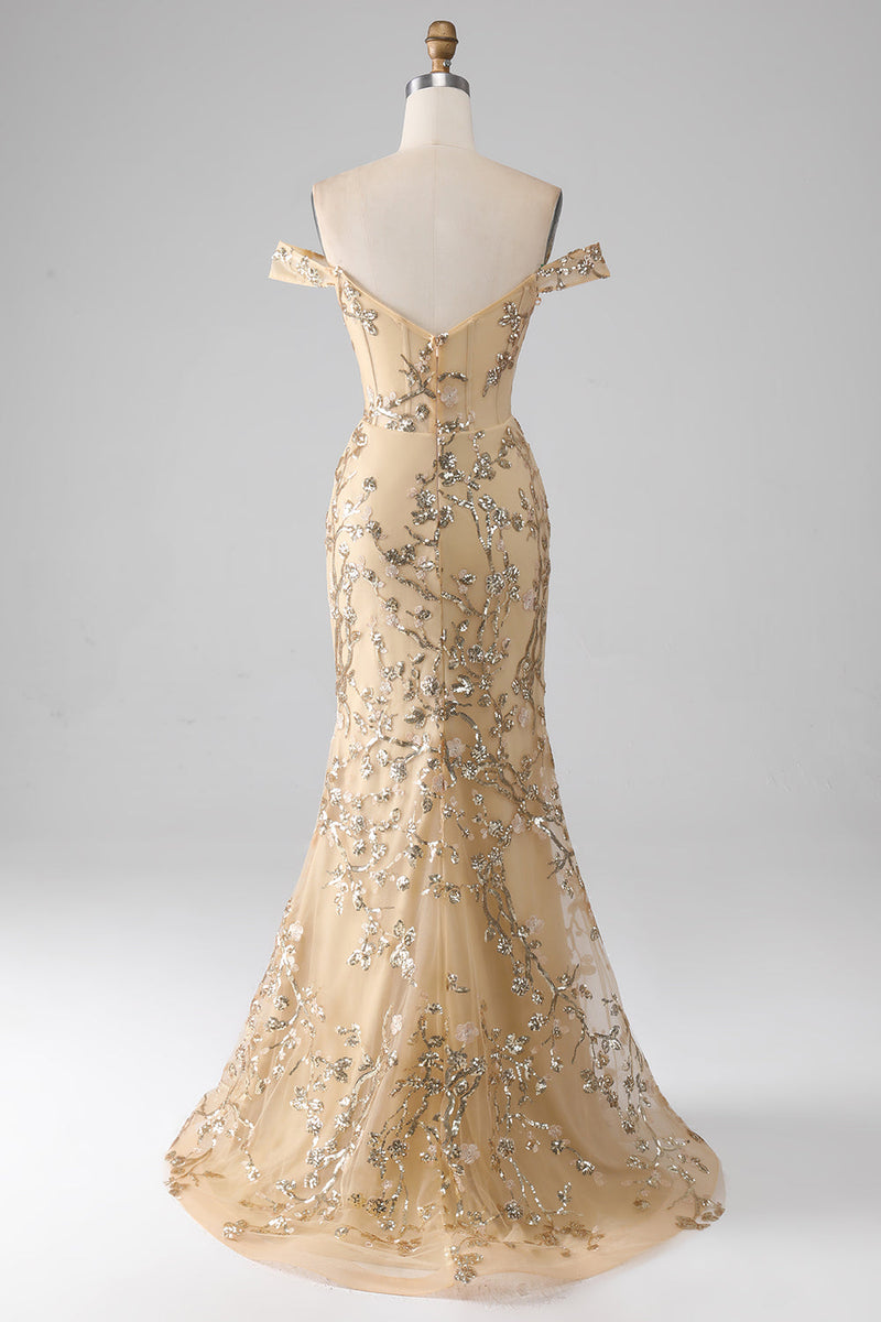 Load image into Gallery viewer, Havfrue av skulderen Golden Long Beaded Prom kjole med Slit