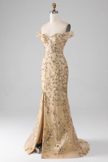 Havfrue av skulderen Golden Long Beaded Prom kjole med Slit