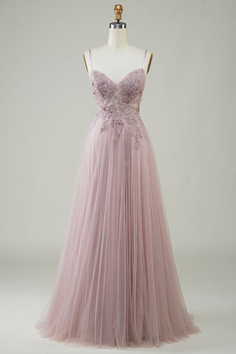 Sparkly Blush A-Line Tylle Long Prom Dress med blonder