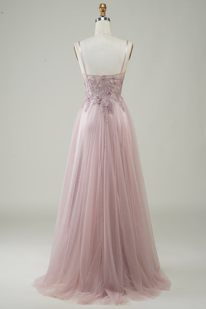 Load image into Gallery viewer, Sparkly Blush A-Line Tylle Long Prom Dress med blonder