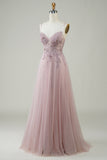 Sparkly Blush A-Line Tylle Long Prom Dress med blonder