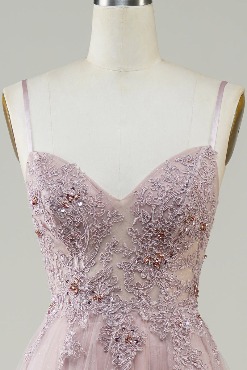 Load image into Gallery viewer, Sparkly Blush A-Line Tylle Long Prom Dress med blonder