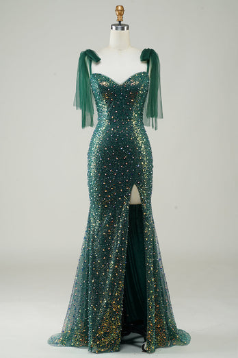 Sparkly Dark Green Mermaid Sequin Long Prom Dress med Slit