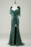 Sparkly Dark Green Mermaid Sequin Long Prom Dress med Slit