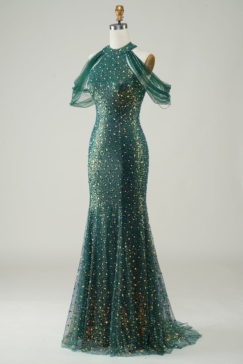 Load image into Gallery viewer, Sparkly Dark Green Sequin Mermaid Long Prom Dress