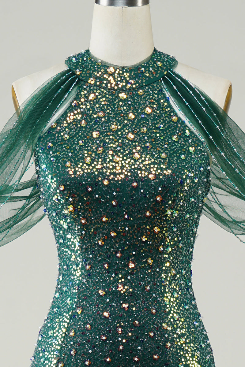 Load image into Gallery viewer, Sparkly Dark Green Sequin Mermaid Long Prom Dress