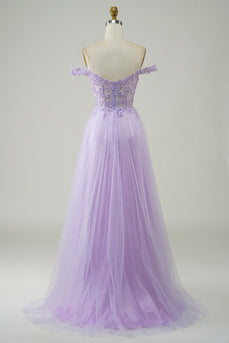 Lilla korsett A-Line Long Tylle Prom kjole med blonder