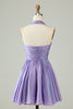Load image into Gallery viewer, Purple Halter Open Back Sleeveless A Line Homecoming Dress