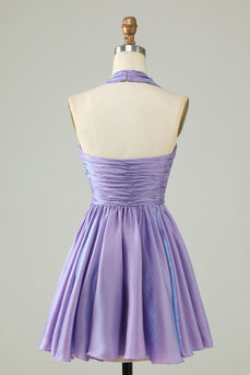 Purple Halter Open Back Sleeveless A Line Homecoming Dress