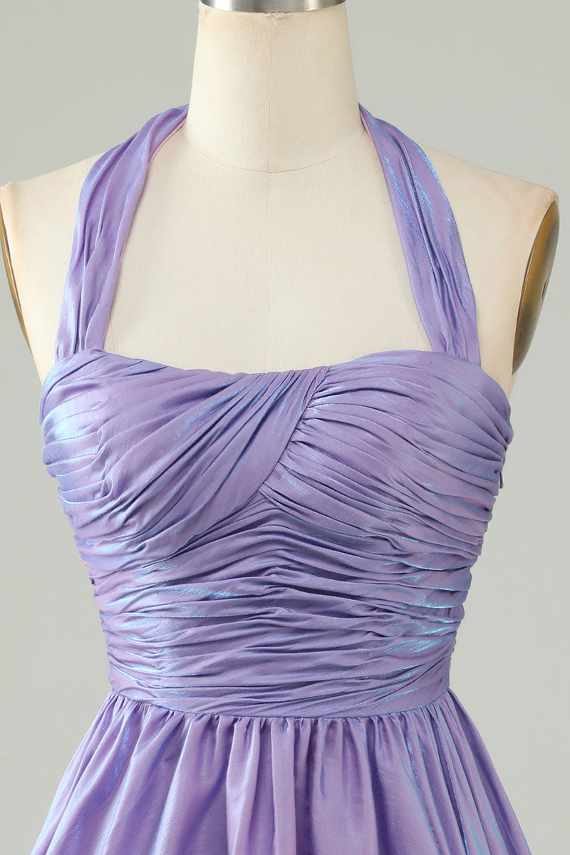 Load image into Gallery viewer, Purple Halter Open Back Sleeveless A Line Homecoming Dress