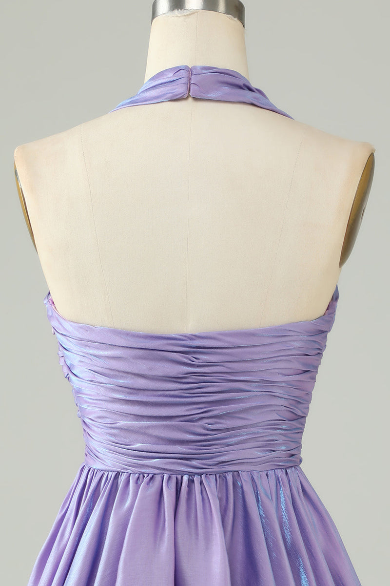 Load image into Gallery viewer, Purple Halter Open Back Sleeveless A Line Homecoming Dress