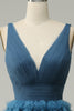 Load image into Gallery viewer, En linje V-hals blå lang ballkjole med åpen rygg