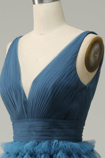 En linje V-hals blå lang ballkjole med åpen rygg