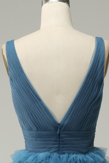 En linje V-hals blå lang ballkjole med åpen rygg