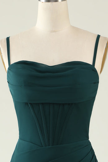 Slire Spaghetti stropper Mørkegrønn Long Wedding Guest kjole med Split Front