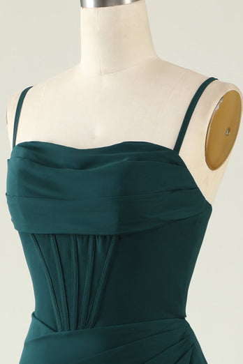 Slire Spaghetti stropper Mørkegrønn Long Wedding Guest kjole med Split Front
