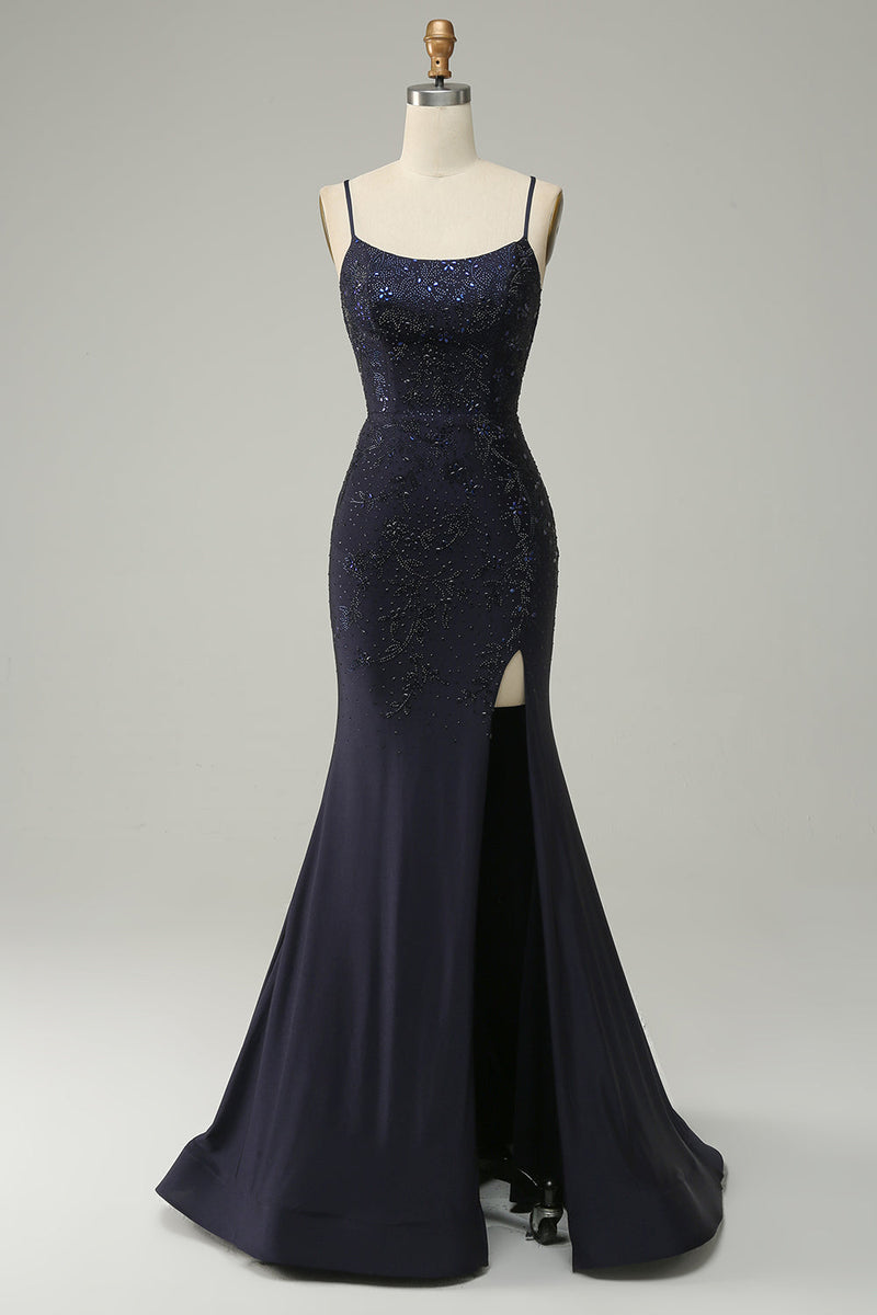 Load image into Gallery viewer, Navy Strapless Sweetheart Beaded Prom Kjole med Split
