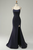 Navy Strapless Sweetheart Beaded Prom Kjole med Split