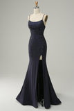 Navy Strapless Sweetheart Beaded Prom Kjole med Split