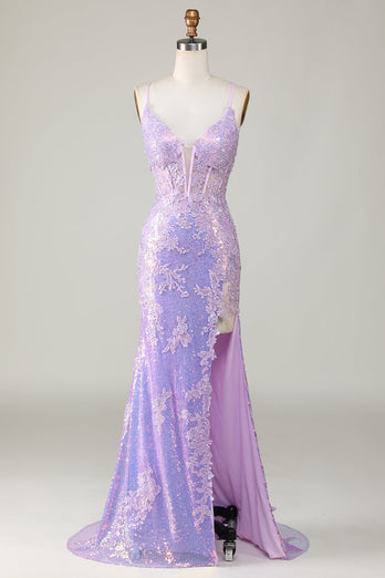 Sparkly Mermaid Spaghetti stropper Lilla korsett Prom kjole med Slit