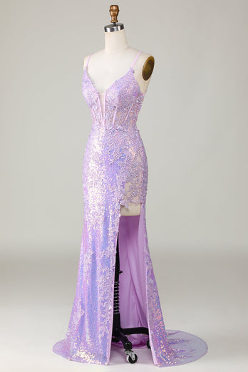 Sparkly Mermaid Spaghetti stropper Lilla korsett Prom kjole med Slit