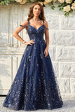 En linje av skulderen Navy Long Prom Kjole med Appliques