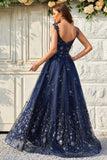 En linje av skulderen Navy Long Prom Kjole med Appliques