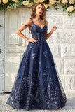 En linje av skulderen Navy Long Prom Kjole med Appliques