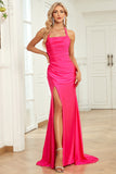 Havfrue Halter Neck Fuchsia Long Prom Kjole med Split Front