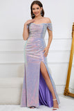 Sparkly Mermaid Off The Shoulder Purple Long Prom Dress med Slit