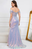 Sparkly Mermaid Off The Shoulder Purple Long Prom Dress med Slit