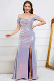 Sparkly Mermaid Off The Shoulder Purple Long Prom Dress med Slit