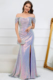 Sparkly Mermaid Off The Shoulder Purple Long Prom Dress med Slit