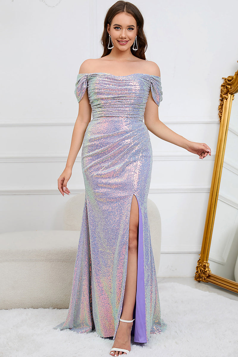 Load image into Gallery viewer, Sparkly Mermaid Off The Shoulder Purple Long Prom Dress med Slit