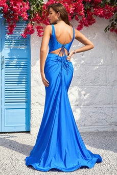 Havfrue Spaghetti stropper Blå Long Prom kjole med åpen rygg