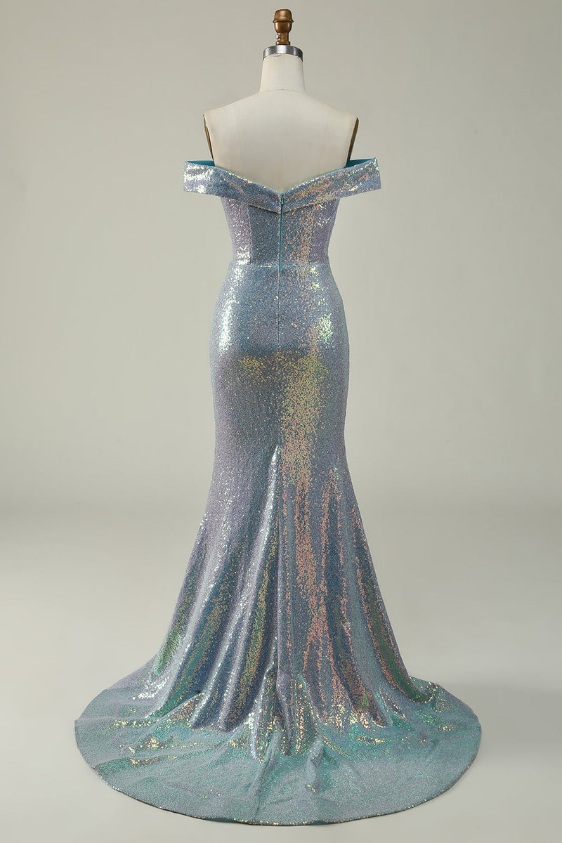 Load image into Gallery viewer, Havfrueblå glitrende av skulderballkjolen med spalt