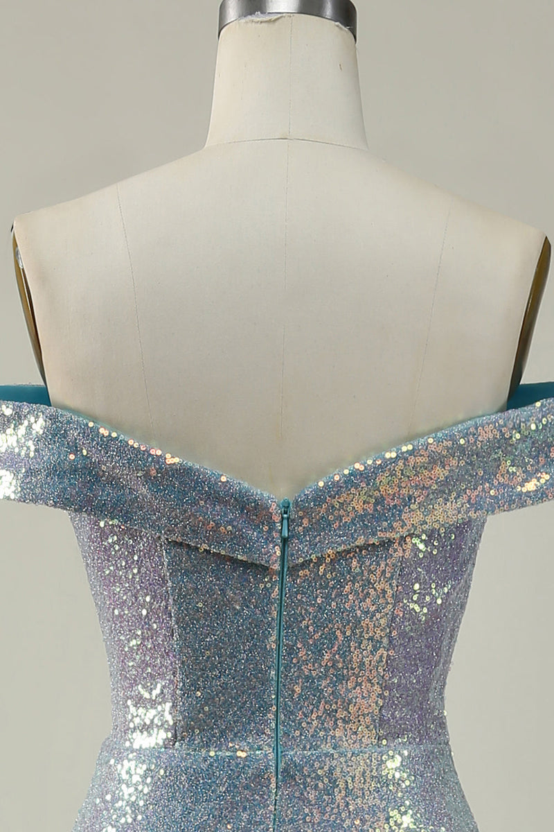 Load image into Gallery viewer, Havfrueblå glitrende av skulderballkjolen med spalt