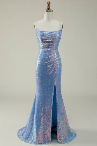 Blå Sequined Spaghetti stropper Havfrue Prom kjole