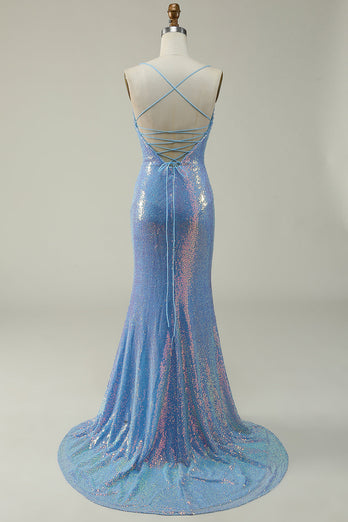 Blå Sequined Spaghetti stropper Havfrue Prom kjole