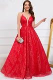 Sparkly Spaghetti stropper Red Long Prom Dress