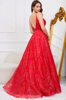 Sparkly Spaghetti stropper Red Long Prom Dress
