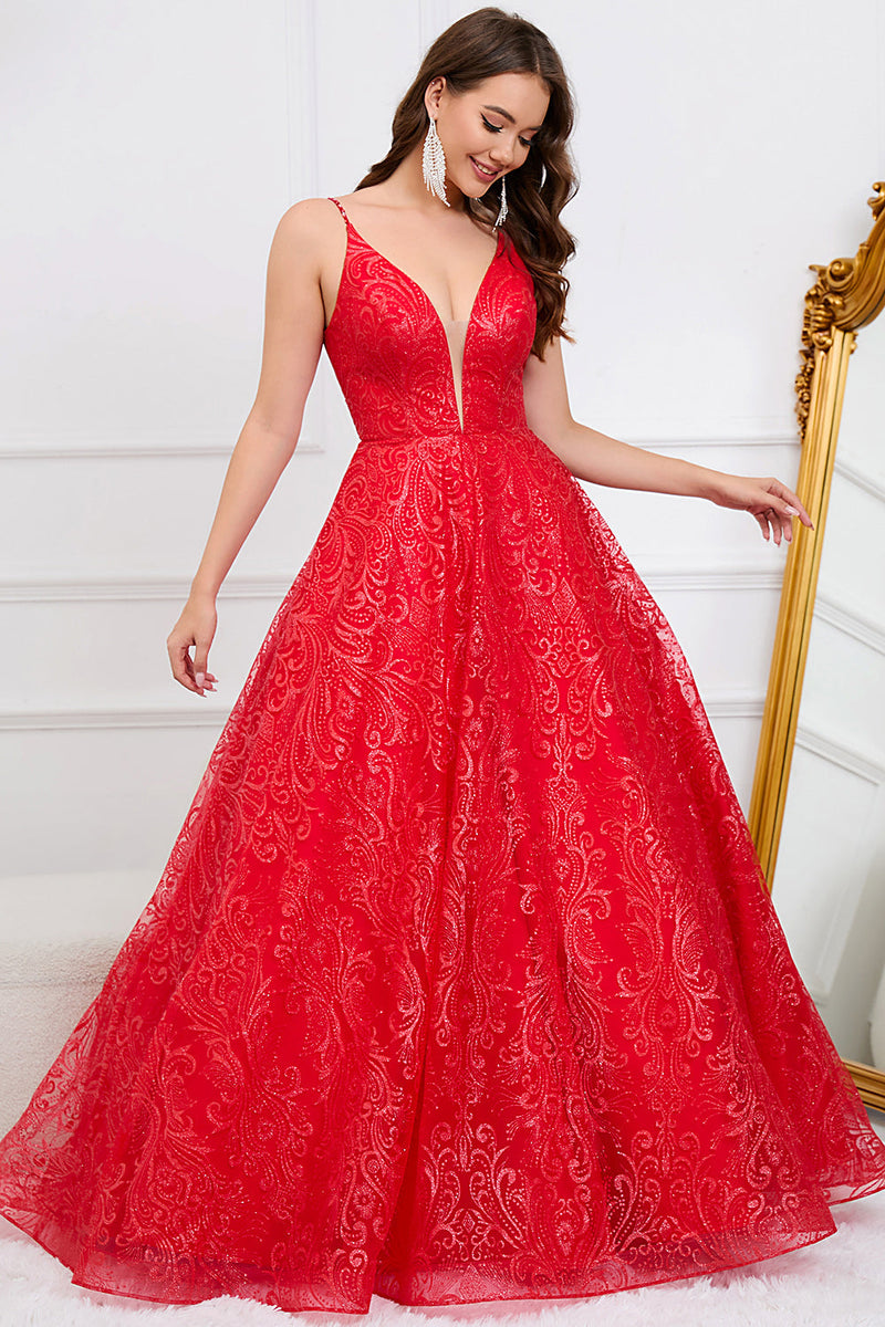 Load image into Gallery viewer, Sparkly Spaghetti stropper Red Long Prom Dress