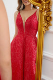 Sparkly Spaghetti stropper Red Long Prom Dress