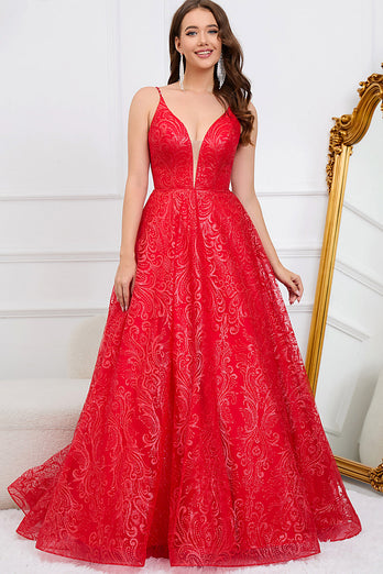Sparkly Spaghetti stropper Red Long Prom Dress