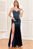 Load image into Gallery viewer, Navy Beading Spaghetti stropper Prom kjole med Slit