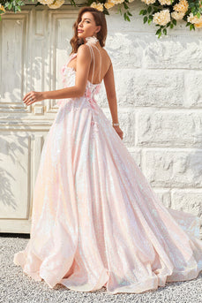 A Line One Shoulder Blush Long Prom Dress med Appliques